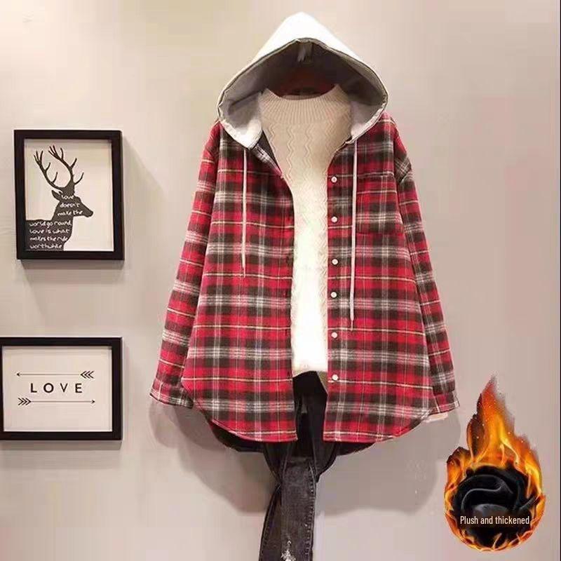Women's Plaid Hooded Mid-Length Shirt, 2024 Spring/Autumn Korean Style, Casual Versatile Loose Fit.