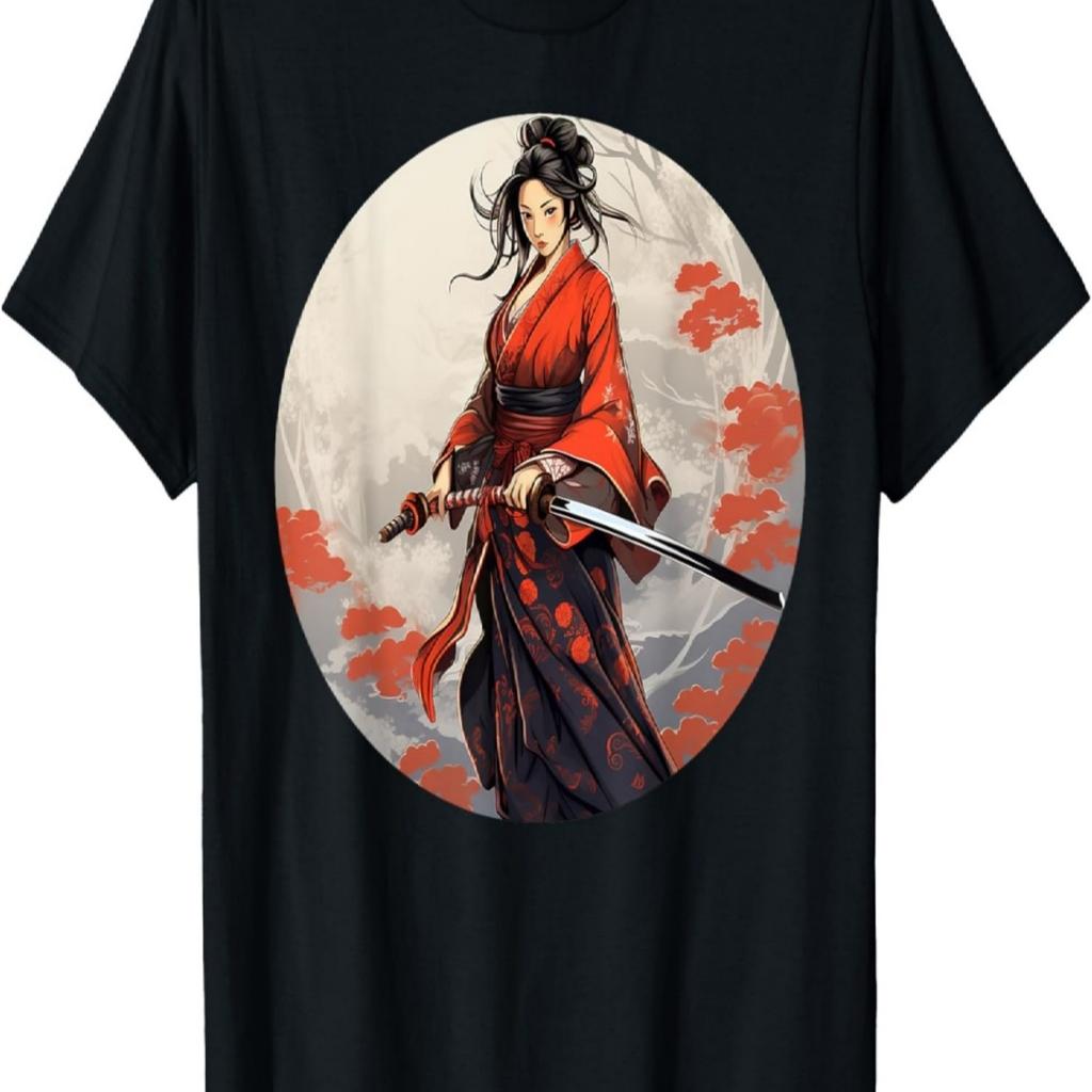 T-shirt Vintage Retro con Fiori di Ciliegio Sakura Samurai Girl(204)