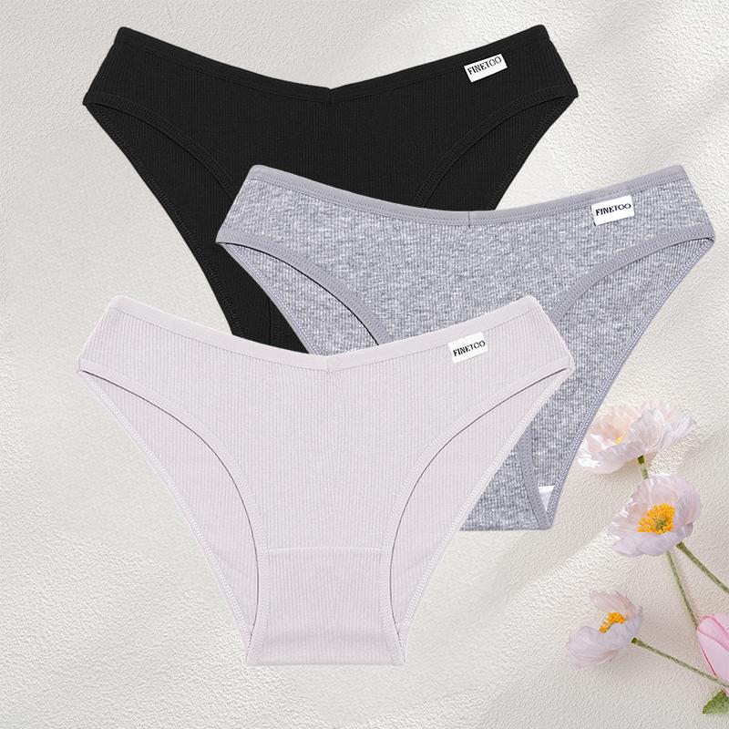 FINETOO 3Pcs/Set Sexy Low Waist Cotton Panties M-3XL Ribbed Breathable Briefs Underwear for Women Gym Fitness Casual Lingerie