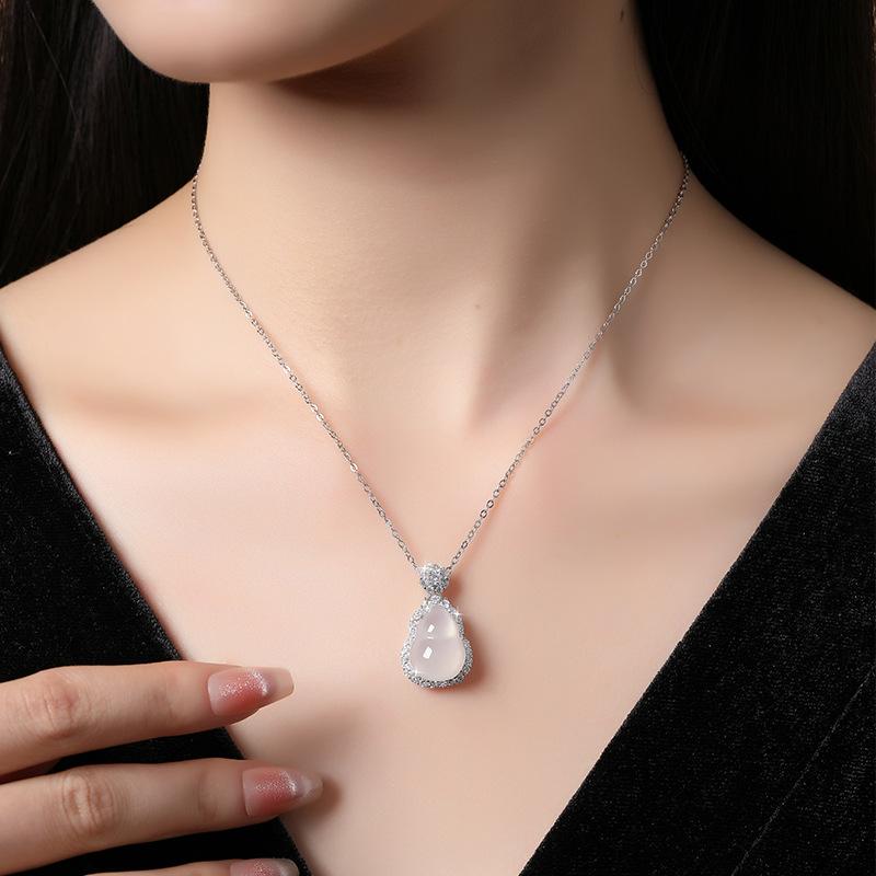 Natural Water Foam Jade Gourd Design Pendant S925 Silver Inlaid Small New Chinese Popular Accessories Women's Necklace Chain
