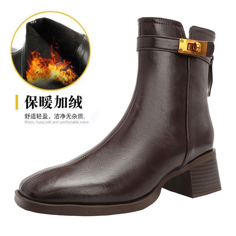 

Ботильоны на толстом каблуке женские весенне-осенние одинарные ботинки 2025 новые кожаные ботинки средней высоты коричневые французский квадратный носок тонкие модные ботинки 40