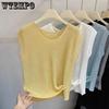 Women Crew Neck Sleeveless Hollow Knit Top Side Button Irregular Hem Casual Summer Knitted Tank Top