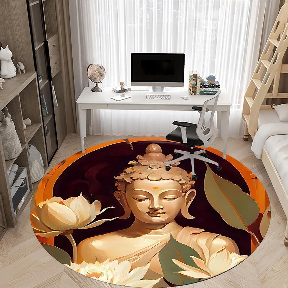 1PC Buddha Lotus Office Round Area Rug, Mat Suitable ForOffice, Under Office Chairs Bedroom Living Room Home Decor, Room Deco