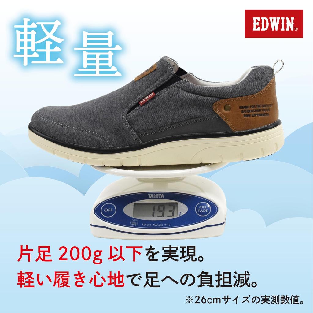 EDWIN Stretch Casual Size Lightweight, Plush, Cushioned, Wide, Non-Slip, Side-Gore Slip-On Sneakers, 26.5 cm, Black, EDW-7644