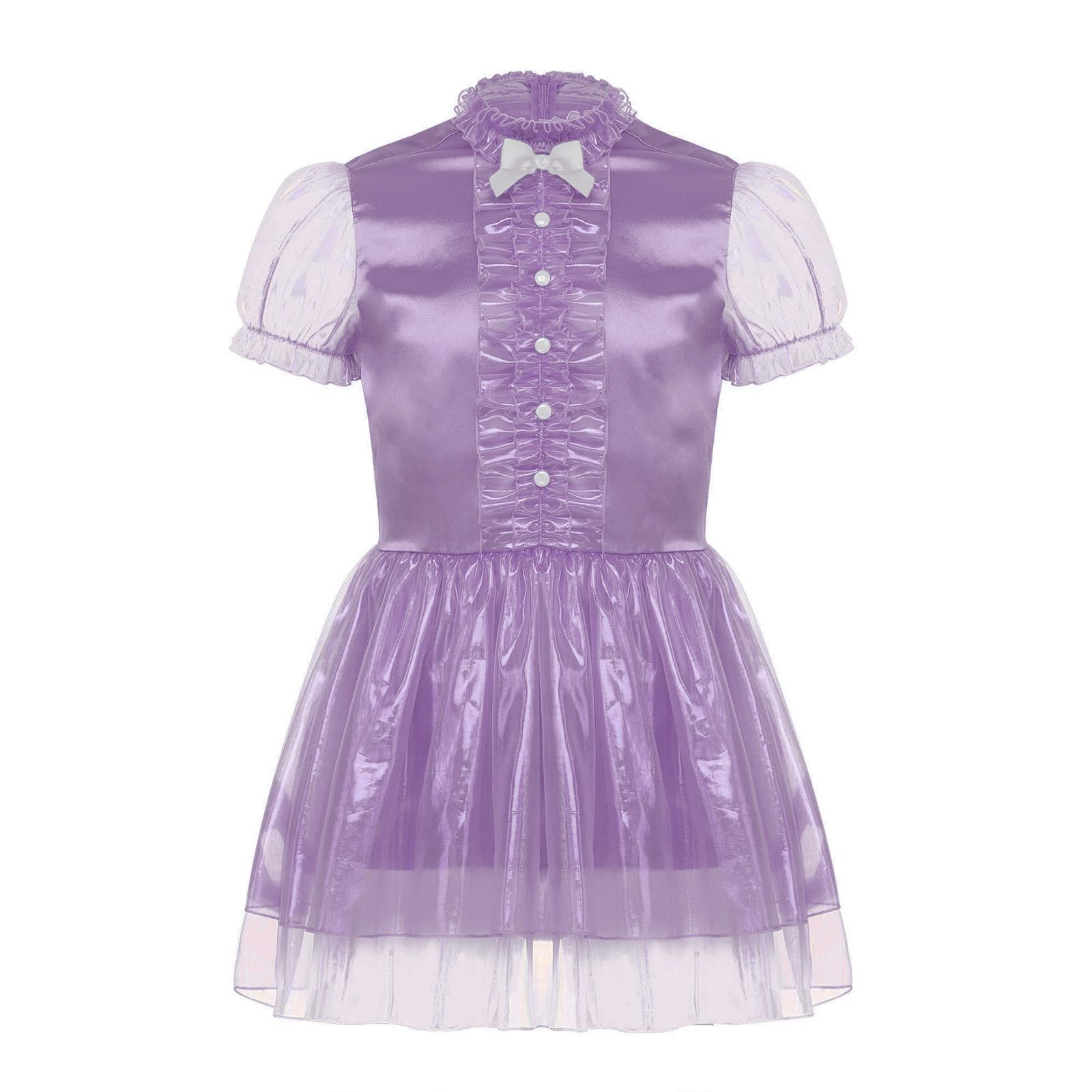 

Чоловіча сукня покоївки-сіссі з рюшами по подолу, рукавами-буфами, деталями у вигляді бантів, блискуча пишна сукня, костюм для кросдресингу, що замикається 3XL фіолетовий