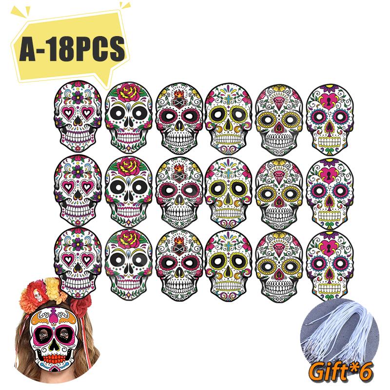 6-60PCS Halloween Colorful Skull Masks Mexican Day of The Dead Paper Mask Set for Party Masquerade Theme Decor DIY