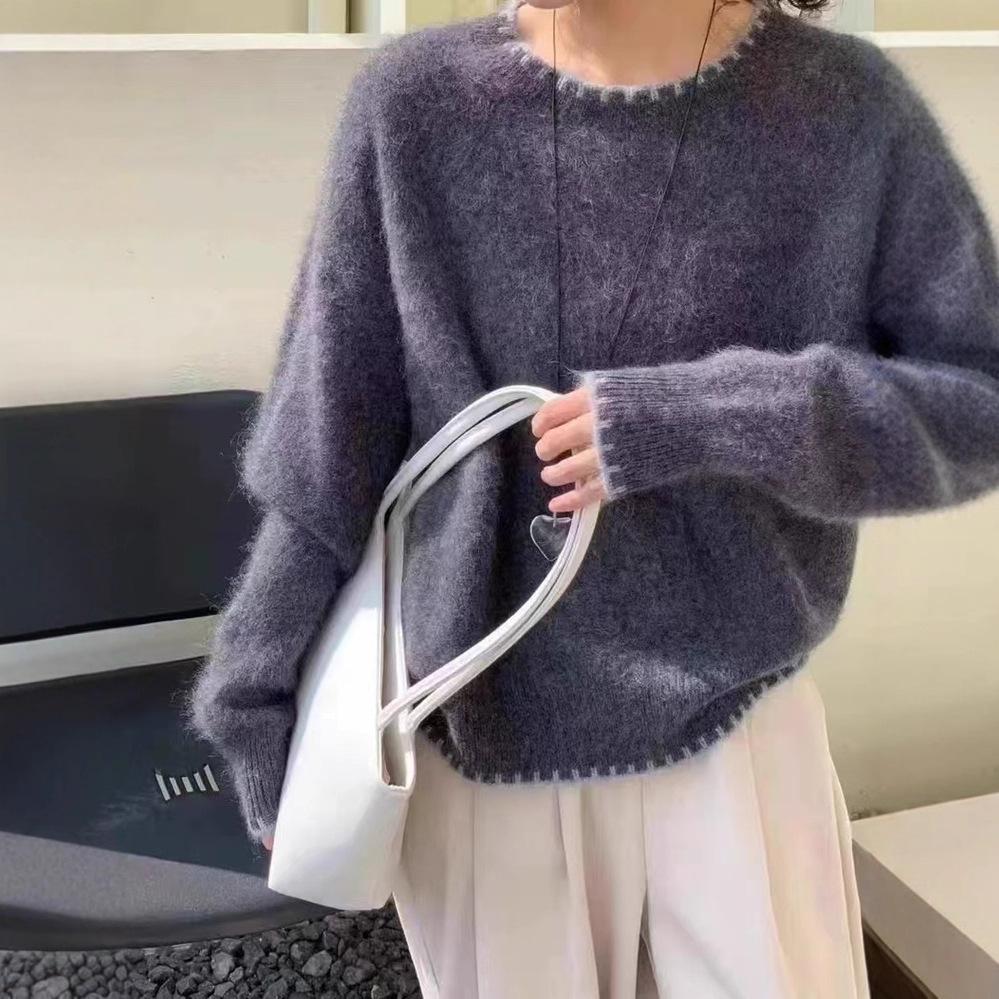 Autumn And Winter New Gray Soft Waxy Sweater Lazy Wind Loose Knitting Base 100% Wool Sweater Women'S Crew Neck