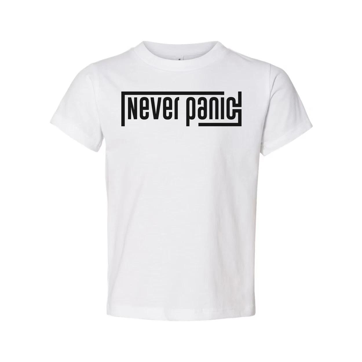 

Never Panic Unisex Graphic T Shirt With Bold Block Letter Design For Everyday We 3XL