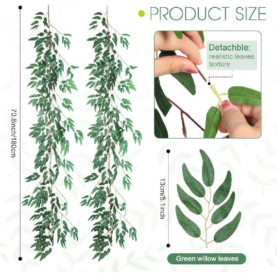 Janinka 5 Pack 6 ft Artificial Willow Leaves Garland Hanging Greenery Vine Twigs Italian Ruscus Fake Plant Faux Silk Ivy Wedding Garland for Home