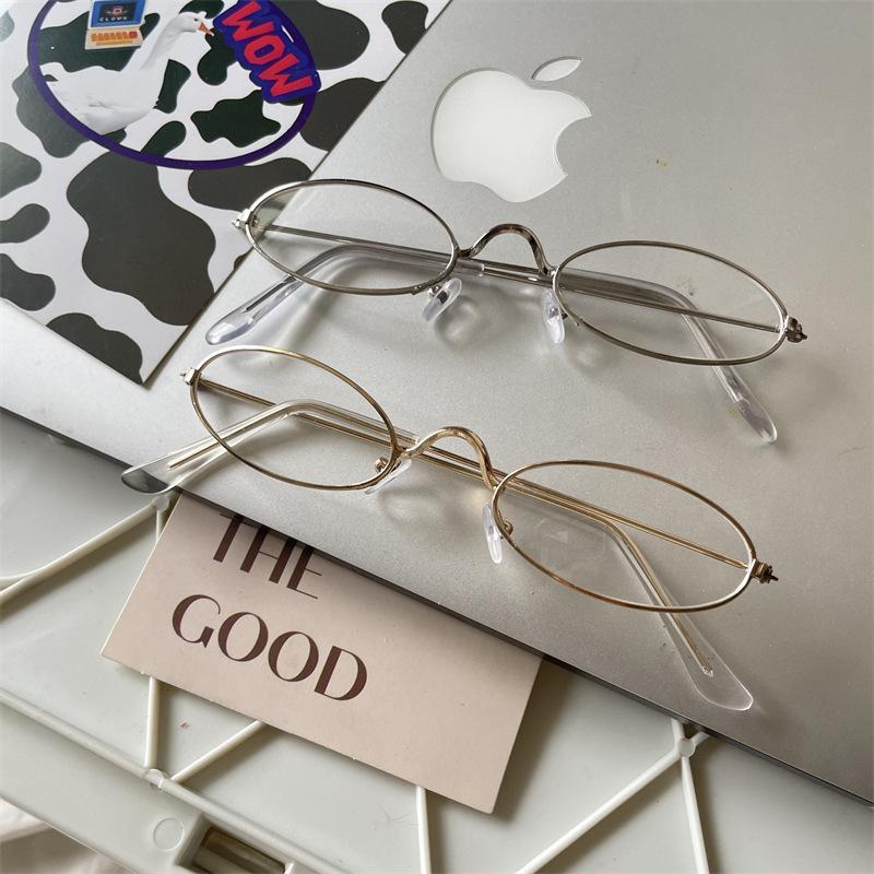 Japanese Harajuku Metal Oval Glasses Gold Silver Metal Elliptic Glasses Vision Care Anti-blue Eyeglasses Frame for Women Men