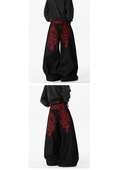 Red Dragon Embroidered Curved Blade Denim Pants: Unisex Wide-Leg, Slight Flare, Long Workwear Style.