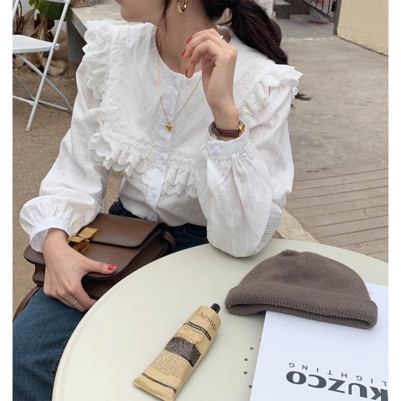 Koszule damskie Latarnia Długi rękaw Kołnierz z klapami Bluzki damskie Proste bluzki koronkowe do wypoczynku