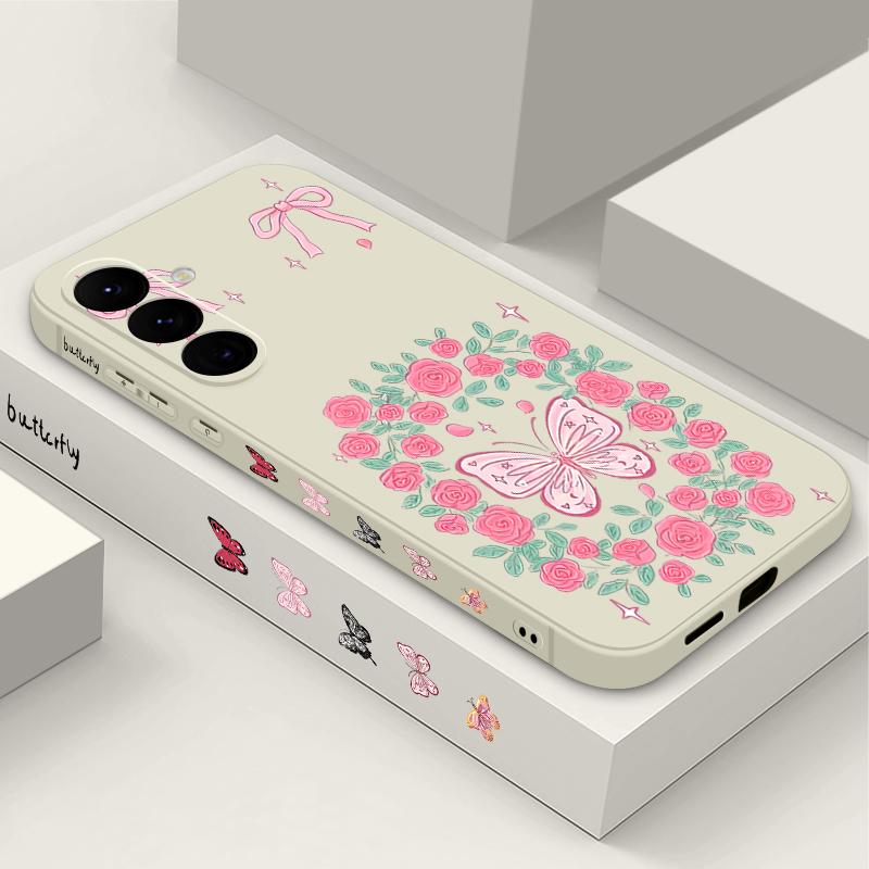 Vintage Flower Butterfly Case For Samsung Galaxy A56 A17 A26 A16 A36 A55 A54 A53 A15 S24 S25 FE S25 S22 S23 Ultra Plus Lanyard Soft Cover