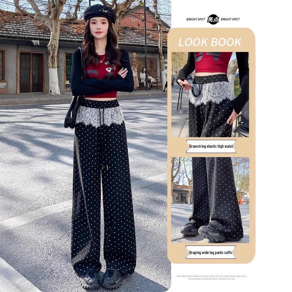 Women's Grey Polka Dot Lace Patchwork Wide-Leg High Waist Floor-Length Pants for Spring and Autumn