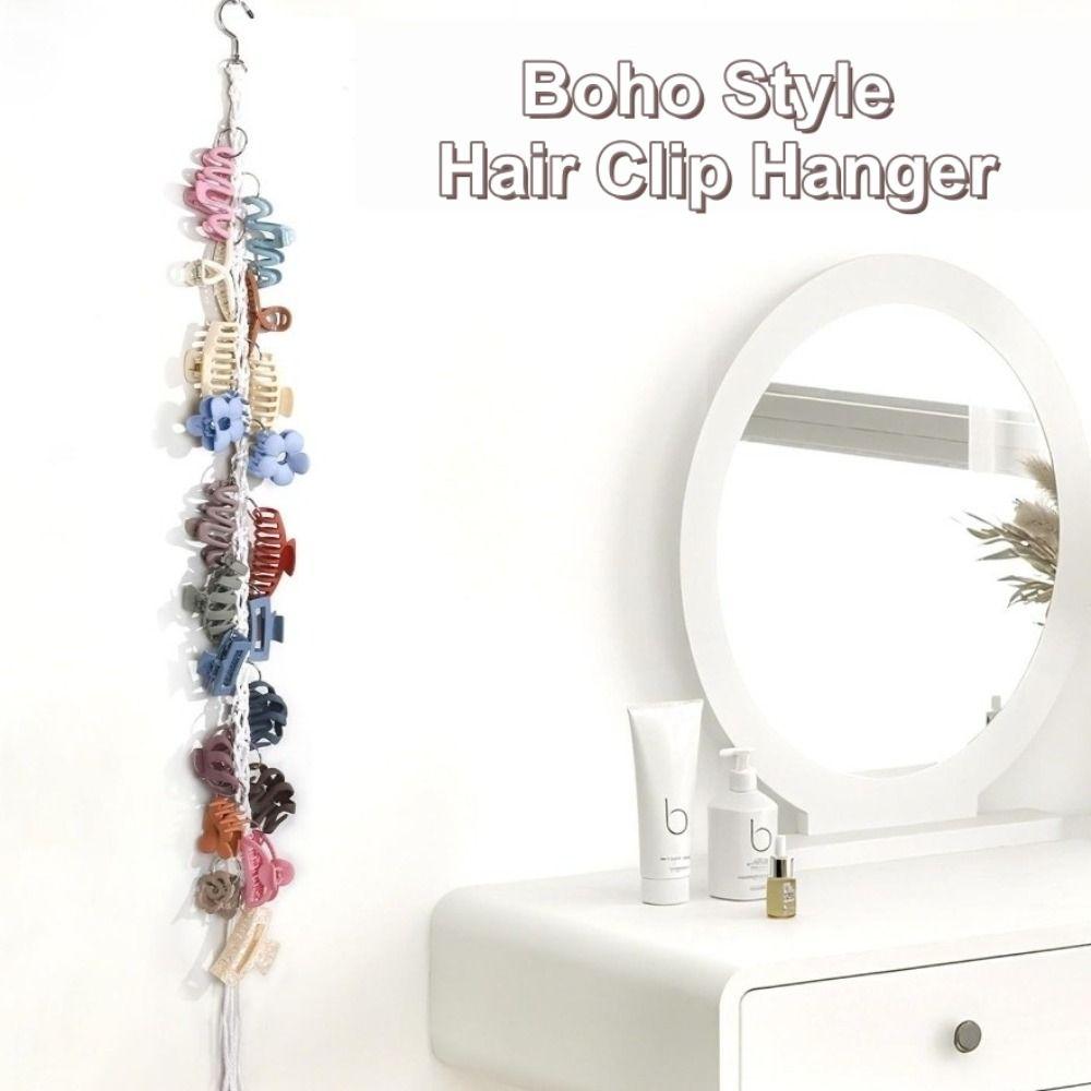 Boho Style Hair Claw Clip Hanger 130cm 20 Metal Rings Claw Clips Organizer Hanging Macrame Design Hair Clip Storage Rack
