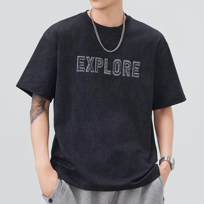 American Round Neck T-shirt Men's Loose Summer Frying Wash Water Foam Printed American Short Sleeves