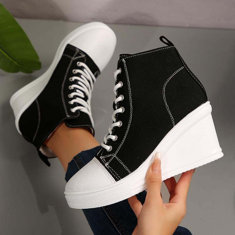 

Мода 2025 Новые Классические Высокие Кеды из Канваса для Женщин Контрастный Цвет На Шнуровке Платформа Кроссовки Женские Нескользящие Повседневные Вулканизированные Туфли 42 чёрный