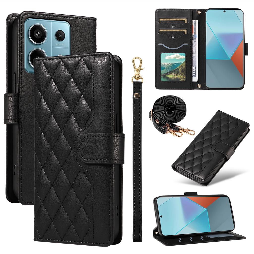 For Xiaomi Poco X6 5G/Redmi Note 13 Pro 5G Case Wallet Rhombus Leather Phone Cover with Shoulder Strap,Wrist Strap