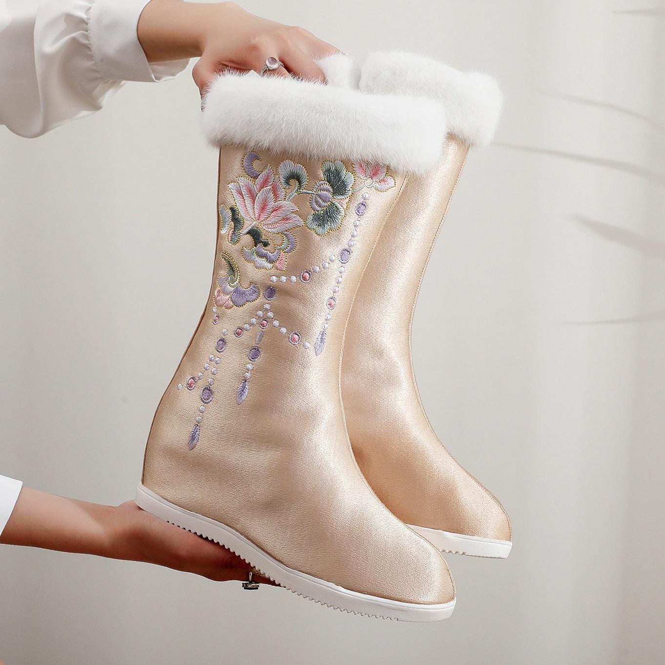 

Зимние теплые сапоги до середины голени для женщин с нескользящей подкладкой из искусственного меха, вышитые зимние ботинки, женские прогулочные ботинки на танкетке с флисовой подкладкой и боковой молнией 40 бежевый