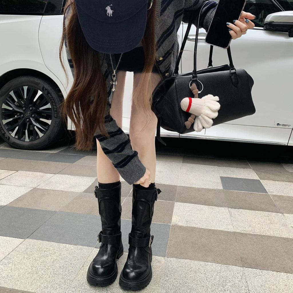 Leather Version Grape Ma Same Washed Horse Leather Kusa Round Head Buckle with Thick-soled Knight Boots Women's Medium Motorcycle Boots