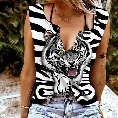 Women Tanks Sexy V Neck Sleeveless Summer Tops Vest 3D Fierce Tiger Print Cool Lightweight Tops
