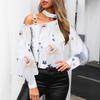 Fashion Women's Shirt Round Neck Long Lantern Sleeve Striped Top Autumn and Winter Women's Metal Ring Halter Top