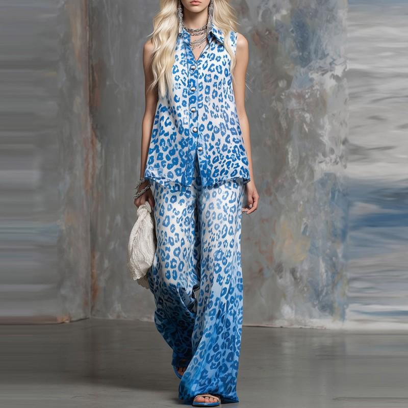 

Stylish Two-piece TK Loose Leopard-print Sleeveless Shirt Trousers Set S синий