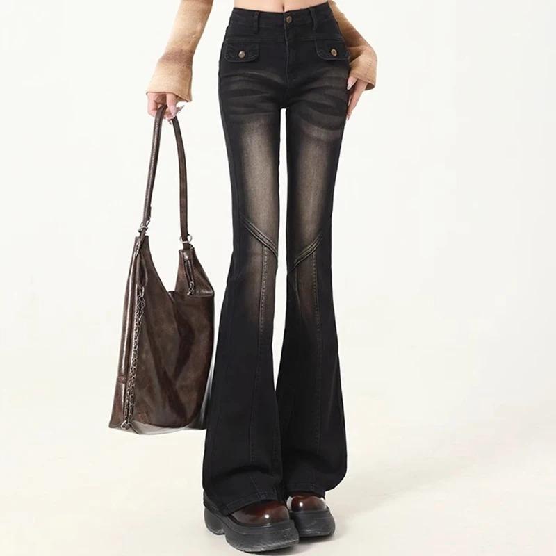 Kadın Yüksek Bel Elastik Birleştirilmiş Geniş Paça Kot Pantolon Kadın Vintage Dar Kesim İspanyol Paça Pantolon Bayan Mavi Siyah Gri Kot Pantolon Büyük Beden