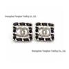 Seiko Coco Style Women's Square Black Leather Stud Earrings with Full Diamond Double C Design