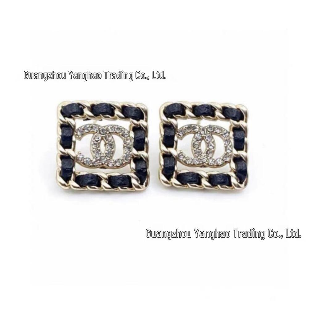 Seiko Coco Style Women's Square Black Leather Stud Earrings with Full Diamond Double C Design