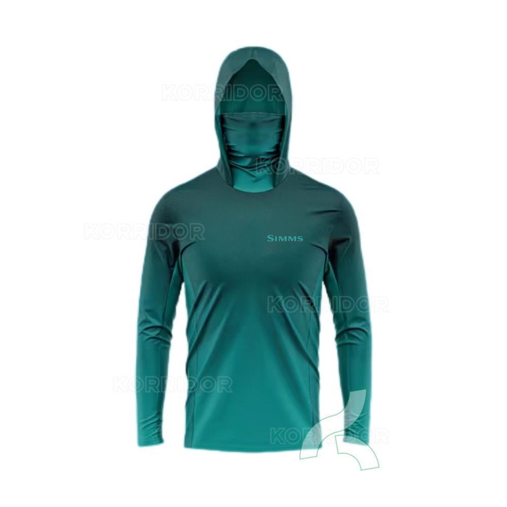 SIMMS T-shirt da pesca felpa con cappuccio manica lunga maschera integrata abbigliamento protezione solare outdoor UPF50 + con cappuccio e maschera