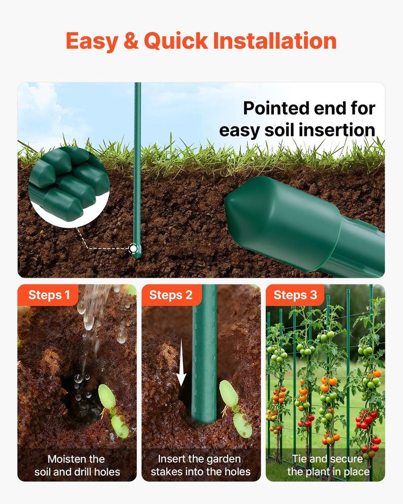 Garden Stakes, 25 Pack, 1800 Mm, Plastic Coated Metal Tomato Stakes, Garden Sticks for Plants Support, with Pointed End and Non-Slip Bumps for Growing