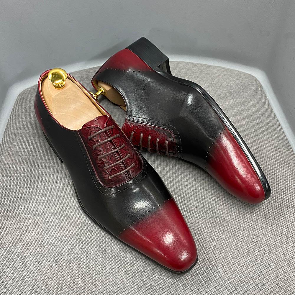 Luxury Brand Men Genuine Cow Leather Oxford Shoes Pointed Toe Red/Black Formal Dress Shoes Lace-Up Office Wedding Shoes for Men