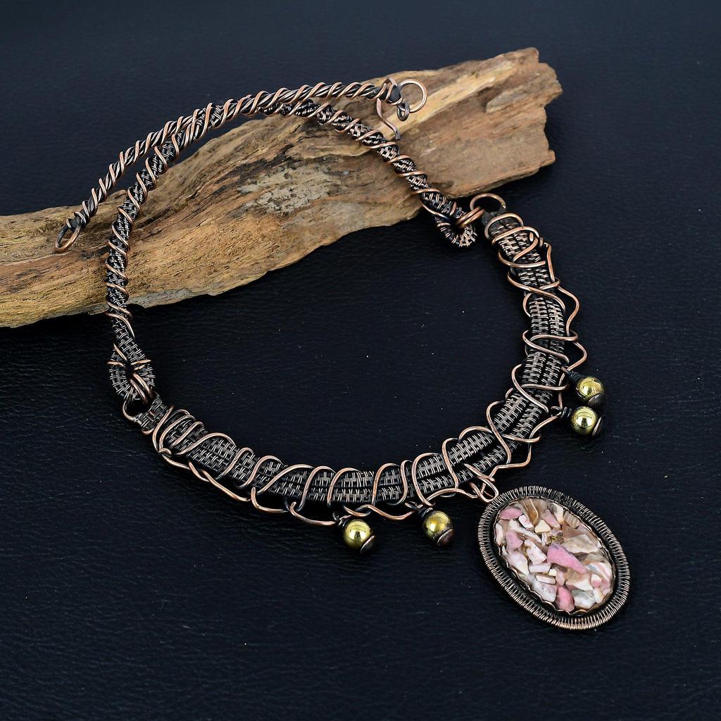 Copper Rhodochrosite Necklace Gemstone Jewelry, 999 Copper Wire Wrapped Necklace, Adjustable Handmade Chain Necklace Gift For Wife Jewelry