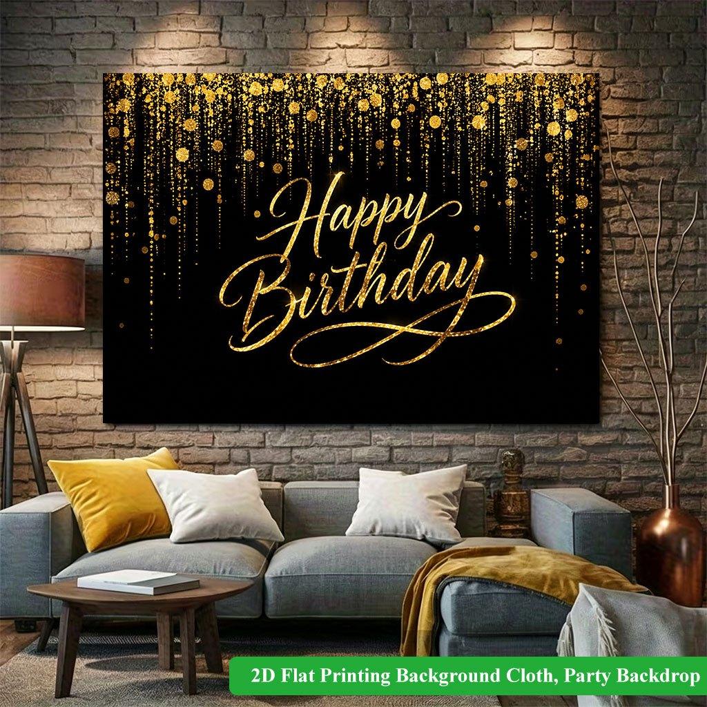 2D Flat Backdrop1pc Gold Decor Happy Birthday Backdrop Banner Polyester Wall Decor For Living Room Bedroom Office Outdoor Decor Holiday Gift