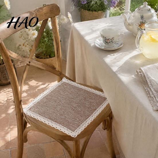 Retro Lace Chair Mat Cotton Linen Pad with Ties, Square Summer Seat Solid Wood Trim, 15.75" X Breathable Washable for Dining Office