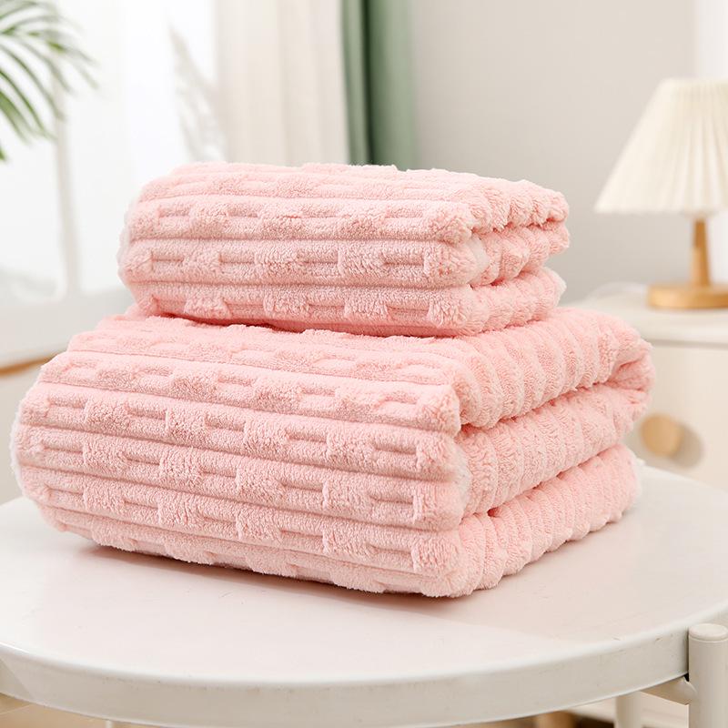 Coral Fleece Three-Piece Bath Set: Thick, Absorbent, Non-Shedding Towels with Hair Drying Cap.