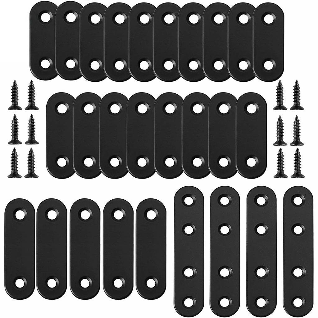 10pcs Black Metal Mending Brackets - Straight Corner Braces with 20pcs Flat Plate Straight Brackets and 40pcs Screws for Repair and Reinforcement