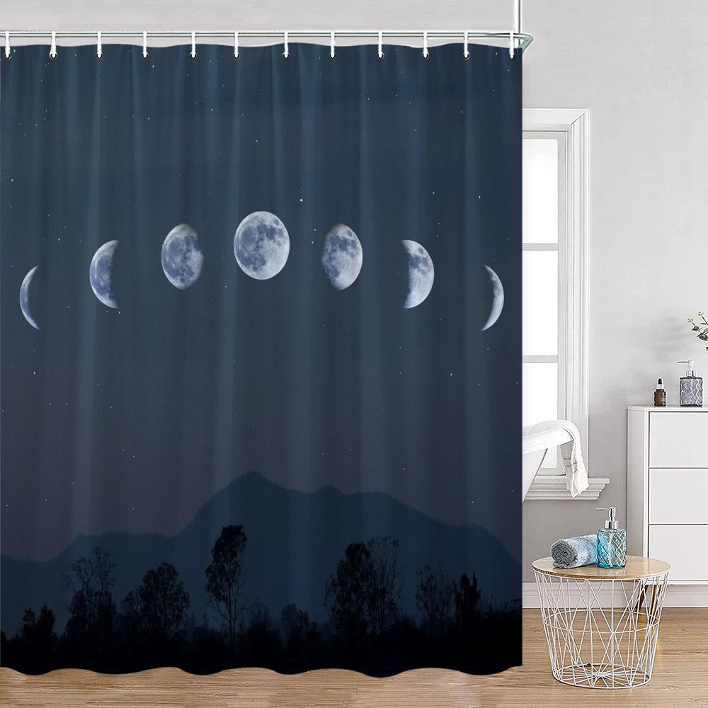 Astrologie Duschvorhang Sternenhimmel Vollmondnacht Grün Magische Pflanzen Pilz Badewannenvorhang Vintage Dunkles Badezimmerdekor Für Zuhause