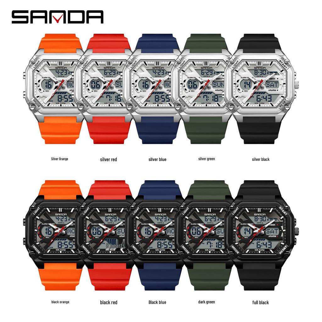 Sanda Men's Multifunctional Waterproof Electronic Watch - Trendy Timer with Dual Display & Three-Time Zone Outdoor Alarm.