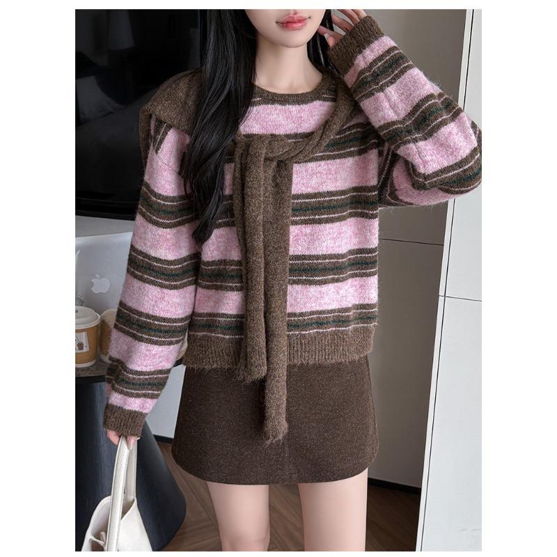 Women Striped Knit Sweater Two Piece Set Off Shoulder Shawl Collar Pullover Fall Winter Korean Style