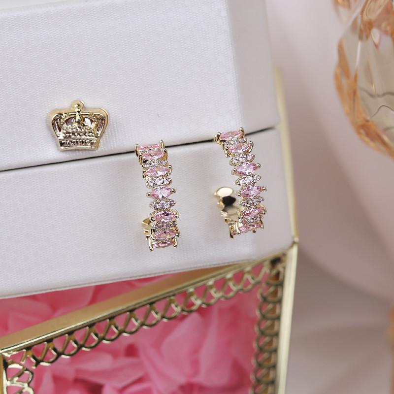 Korea Modeschmuck 14K Echte Vergoldung AAA Rosa Zirkon Halbkreis Schlichte Ohrringe Elegant Damen Alltagsaccessoires