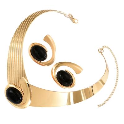 Versatile Geometric Jewelry with Oval Stone Gold Color Necklace Earrings Set Geometry Accessories For Stylish Women