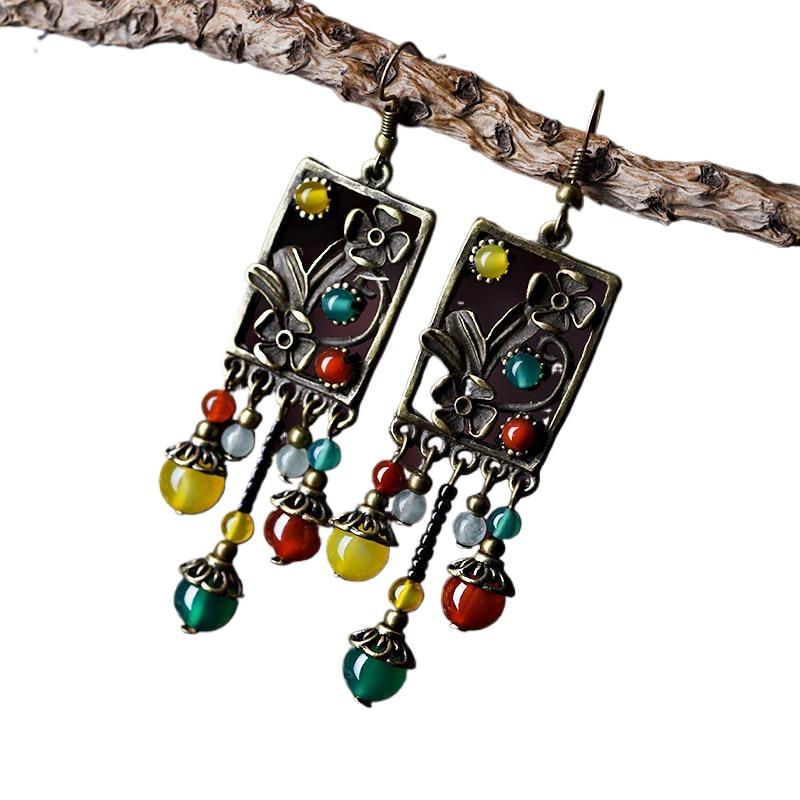 Female Color Block Long Earrings Colored Stonecut Copper Flowers Drop Green and Yellow Beads Retro.