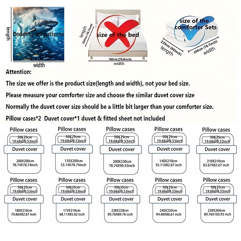 Hai schwimmt durch Fischschwarm Druck Weich Bequem Bettbezug Bettwäsche-Set Enthalten 1*Bettbezug 2*Kissenbezüge