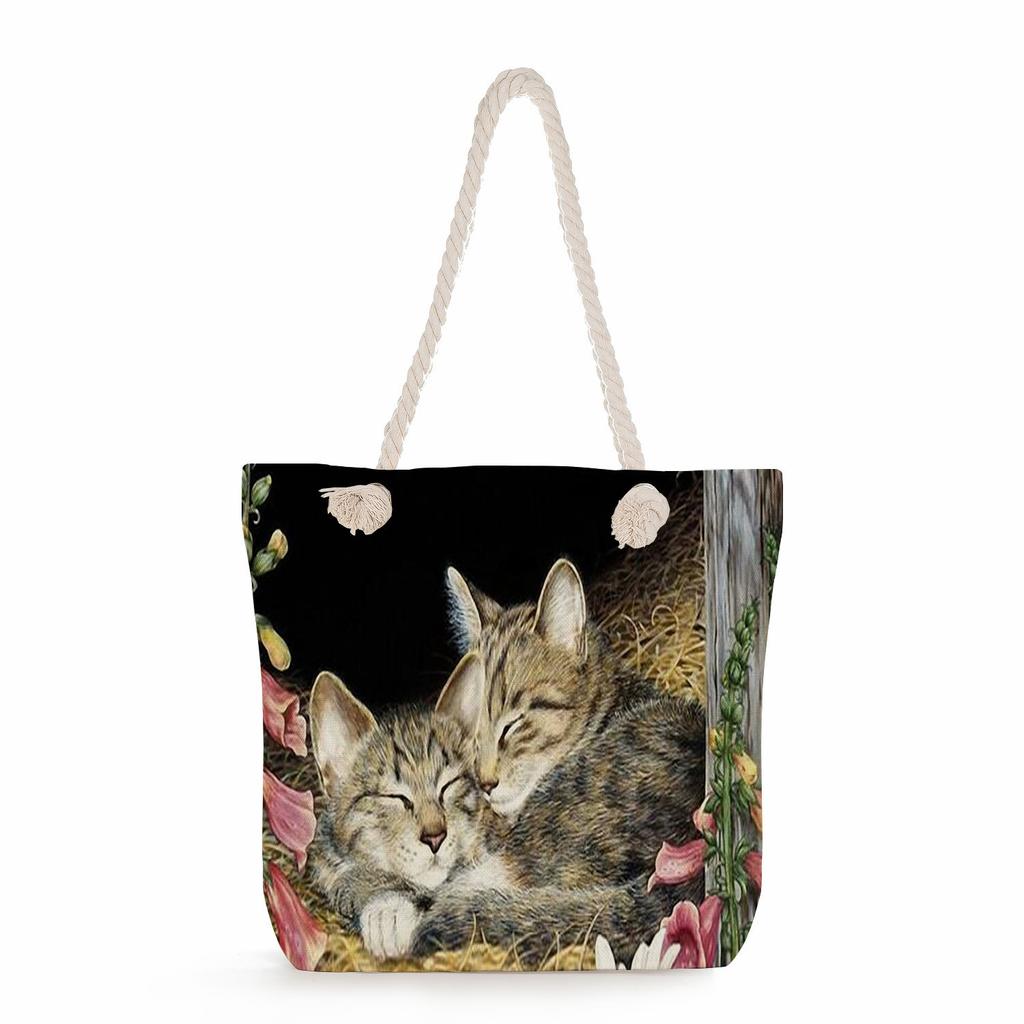 Cat print thick rope single-shoulder beach bag 7228
