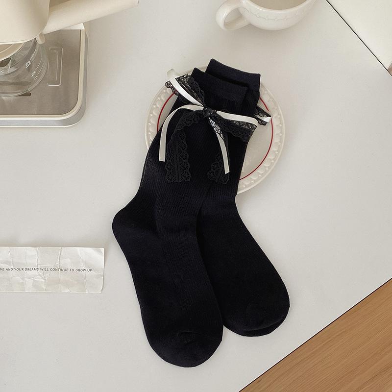 

Женские весенне-летние тонкие носки-трубы из хлопка с кружевом, бантом и сеткой, дышащие, в милом балетном стиле 1 pair чёрный