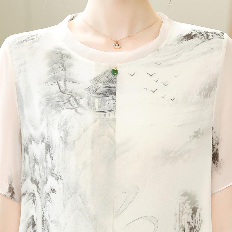Elegant Summer Chiffon Dress: Chinese Style, Short Sleeves, Loose Plus Size for Middle-Aged and Elderly Women