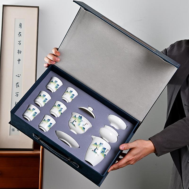 Ceramic Suet Jade Complete Tea Set Full Set White Porcelain Cover Bowl Gift Box Set