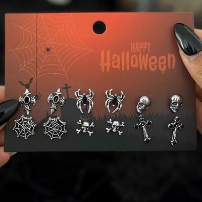 Salircon 6Pair/Set Gothic Skull Spider Web Cross Metal Pendant Earrings Women Punk Piercing Earring Party Jewelry Halloween Gift